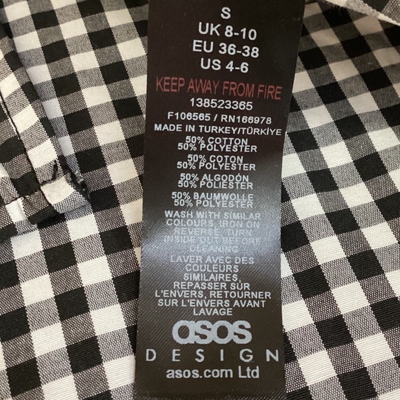 ASOS Black/White Gingham Tie‑Front Top, Size Small, Puff Sleeves, Ruffle Collar - Picture 5 of 6